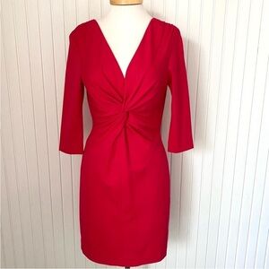 Amy Matto Red 3/4 Sleeve Twist-Front V-neck Dress Holidays